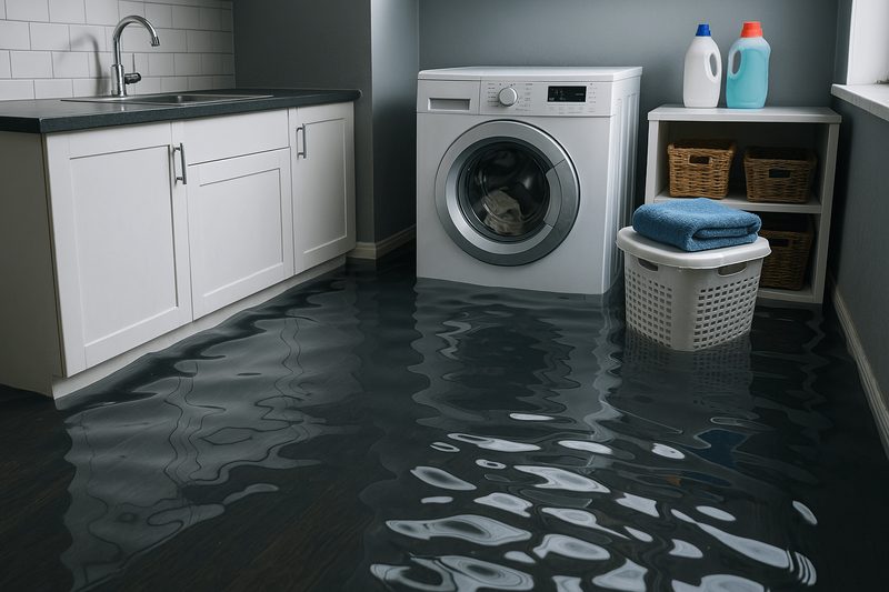 Laundry room with water spread across the floor in front of a washing machine