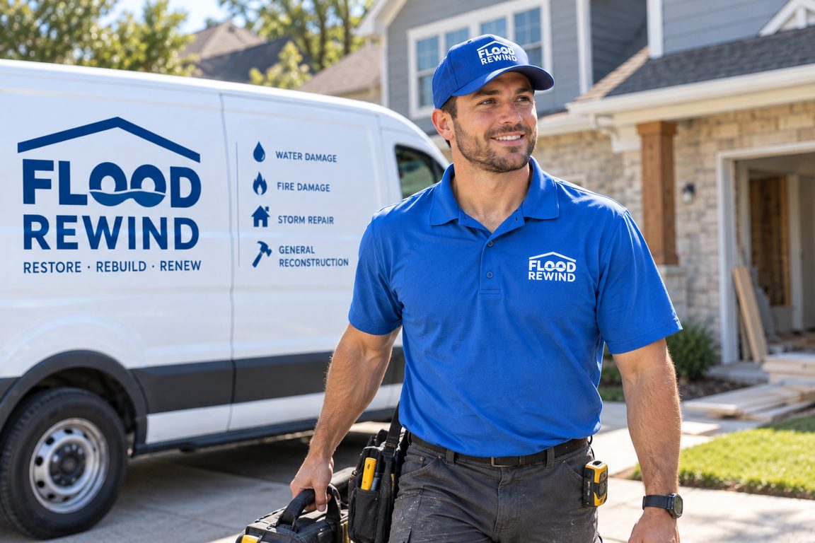 Flood Rewind team member in a blue Flood Rewind polo walking past a Flood Rewind van outside a home