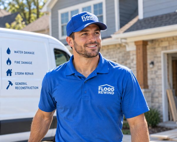 Flood Rewind team member in a blue Flood Rewind polo walking past a Flood Rewind van outside a home